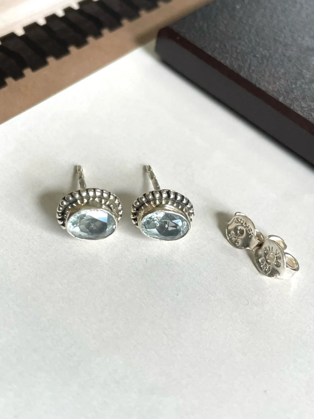 Blue Topaz stud Earrings 925 Sterling Silver,     V I B E S